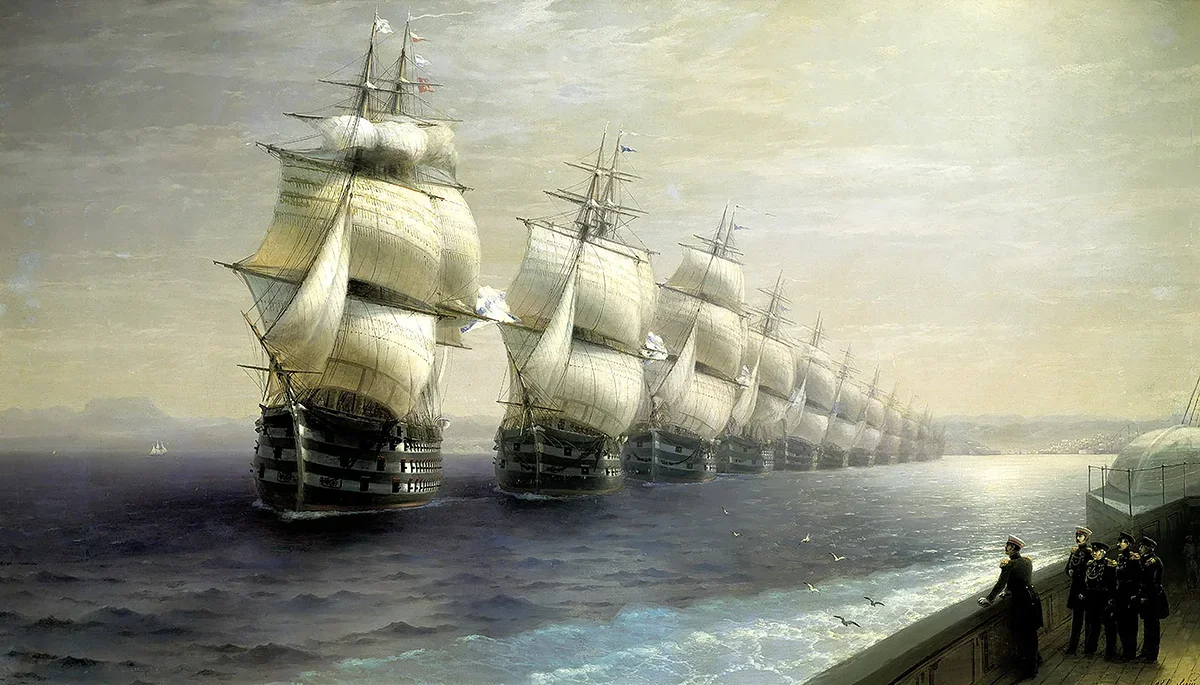 Photo reproduction of painting “Review of the Black Sea Fleet in 1849”, by Ivan Aivazovsky, 1886. Public Domain Source: <a href="http://wikimedia.org/" rel="noopener noreferrer" title="http://wikimedia.org/">wikimedia.org</a>