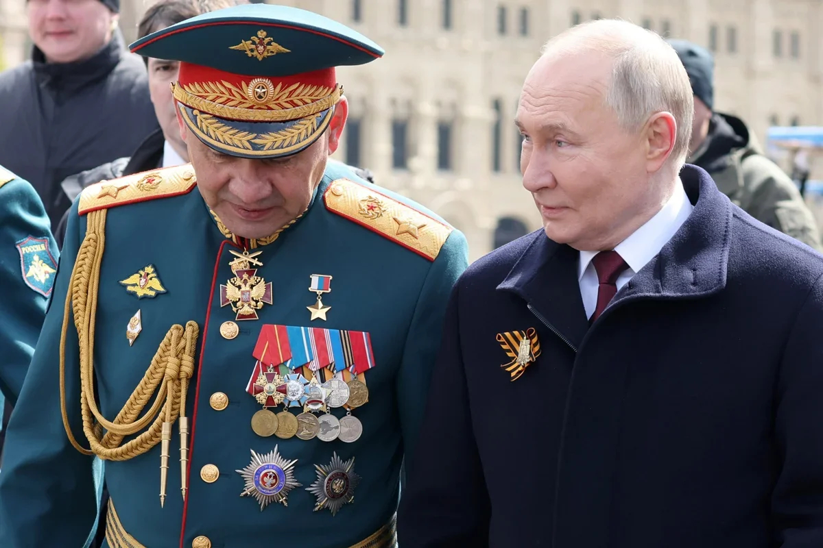 Sergey Shoigu and Vladimir Putin at the Victory Day military parade in Moscow, 9 May 2024. Photo: Mikhail Klementyev / Sputnik / Kremlin / EPA-EFE