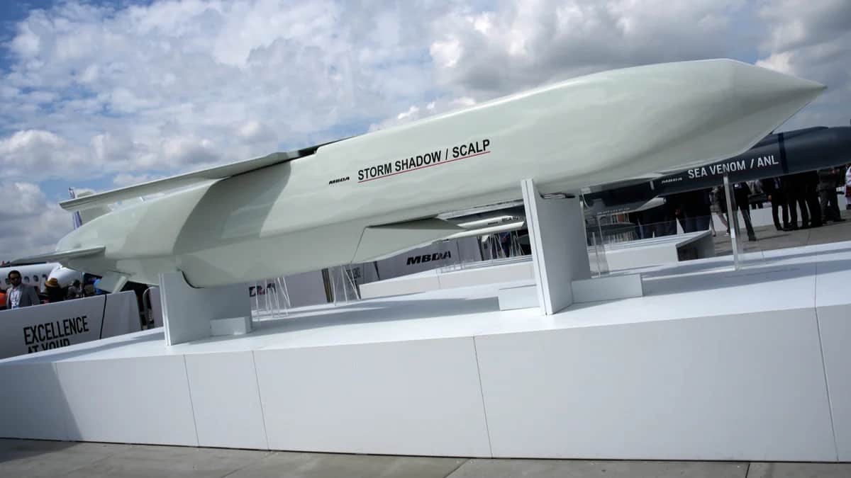 A Storm Shadow cruise missile at the Le Bourget Air Show in Paris, France, 19 June 2023. Photo: Lewis Joly / AFP / Scanpix / LETA