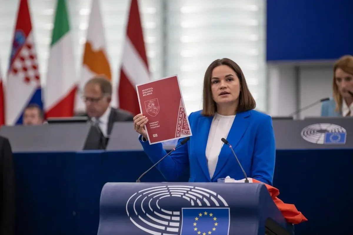 Sviatlana Tsikhanouskaya at a European Parliament session. Photo: Telegram
