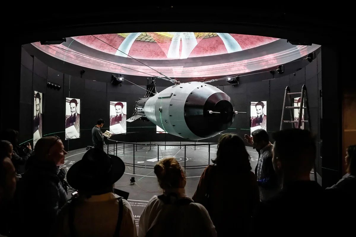A scale model of the Tsar Bomba, the most powerful nuclear weapon ever created and tested, at Moscow’s All-Russian Exhibition Centre, 26 October 2023. Photo: EPA-EFE/YURI KOCHETKOV