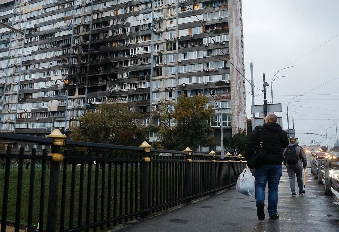 A residential building destroyed in a Russian airstrike, Kyiv, Ukraine, 10 October 2025. Photo: Sergey Dolzhenko / EPA<br/>