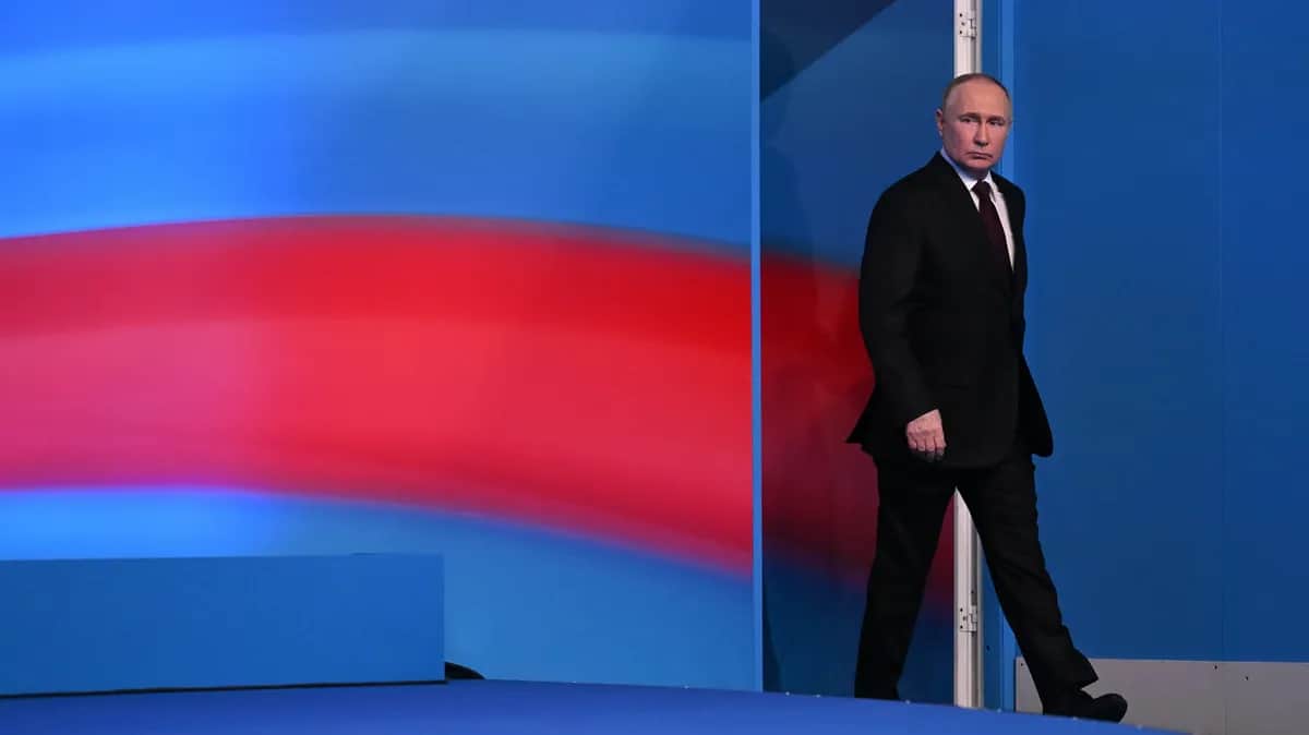 Vladimir Putin at a press conference at his campaign headquarters on 18 March. Photo: EPA-EFE/NATALIA KOLESNIKOVA / POOL