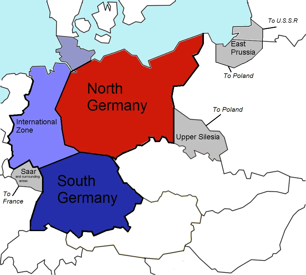 The planned partition of Germany into the North and South States as well as the International Zone. Grey areas were meant to be ceded to France, Poland and the Soviet Union. Photo: Wikimedia Commons