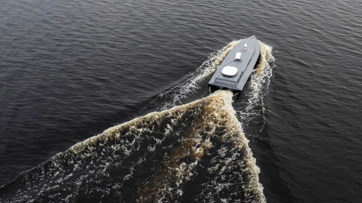 Морской дрон Sea Baby «Авдеевка» на презентации в Киевской области, 5 марта 2024 года. Фото: Evgeniy Maloletka / AP Photo / Scanpix / LETA