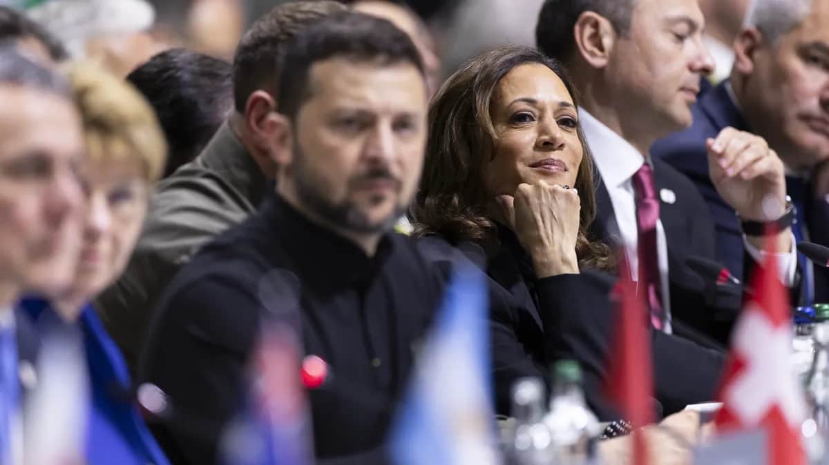 Volodymyr Zelensky and Kamala Harris attend the Summit on Peace in Ukraine, Switzerland, 15 June 2024. Photo:&nbsp;EPA-EFE / URS FLUEELER