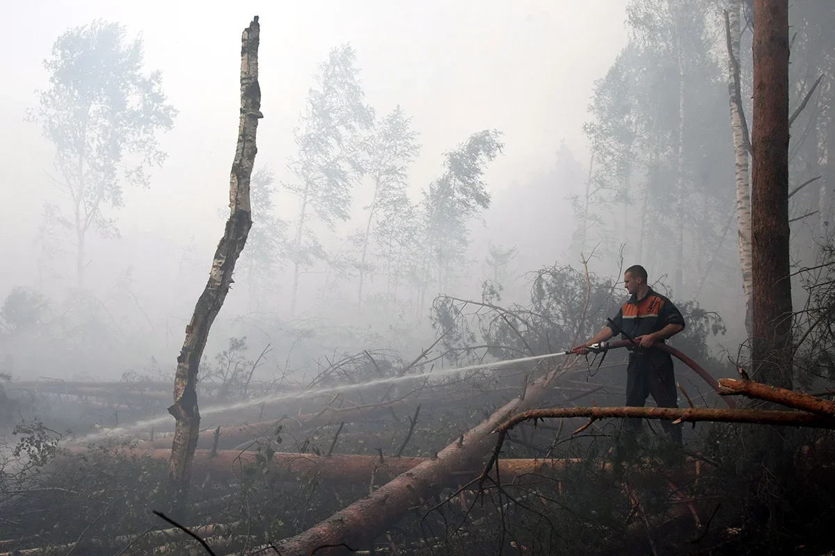A Russian firefighter extinguishing a peat fire. Photo: Sergey Chirikov / EPA