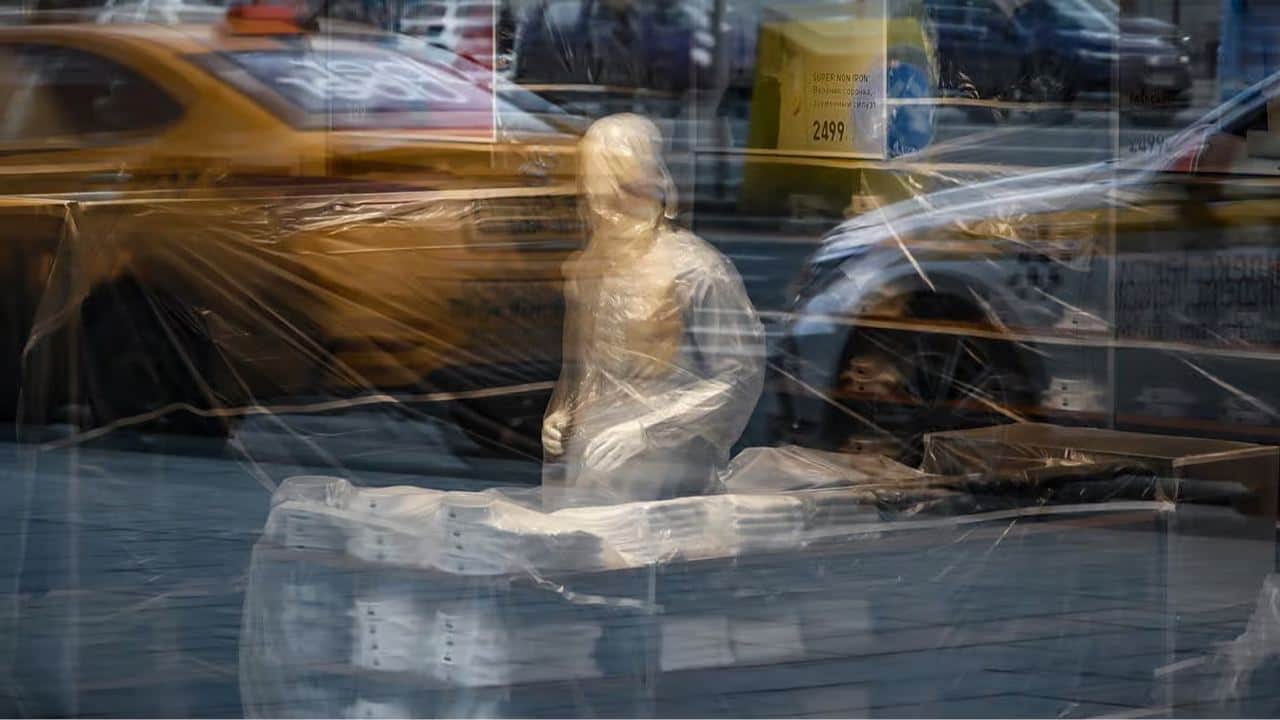 Plastic-wrapped clothes and a mannequin in a closed Uniqlo store in Moscow, 30 March 2022. Photo: Yury Kochetkov / EPA
