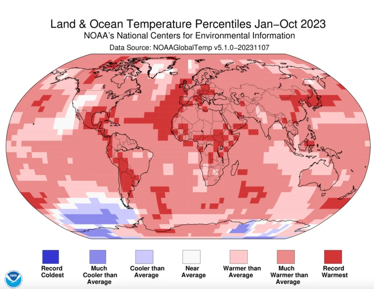 Карта глобальной температуры в октябре. Источник: National Oceanic and Atmospheric Administration