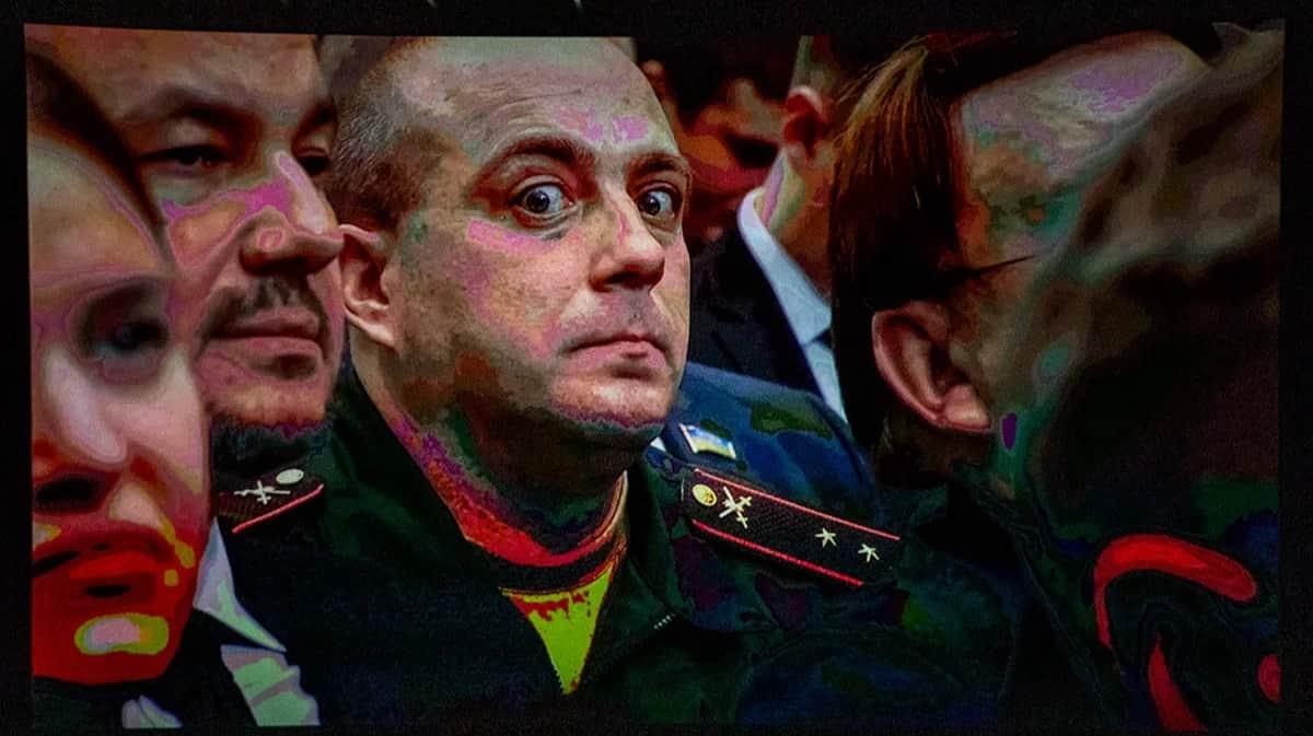 A frame from Putin’s address to the Federal Assembly projected onto a cinema screen. Photo: Dmitry Tsyganov.