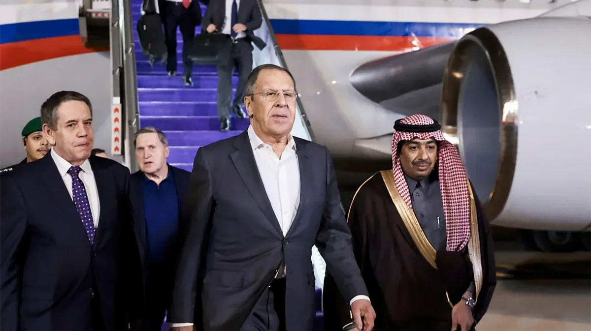 The Russian delegation arrives for talks in Riyadh, Saudi Arabia, 17 February 2025. Photo: Russian Foreign Ministry / EPA