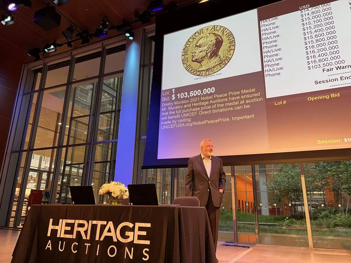 Novaya Gazeta editor-in-chief Dmitry Muratov at an auction in New York where he sold his Nobel Peace Prize medal for $103.5 million in support of Ukrainian child refugees. Photo courtesy of the author