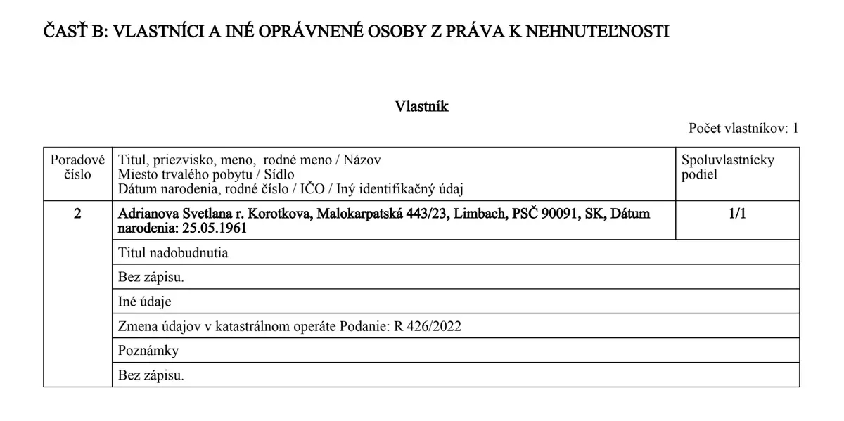 Screenshot from the cadastral register of Slovakia