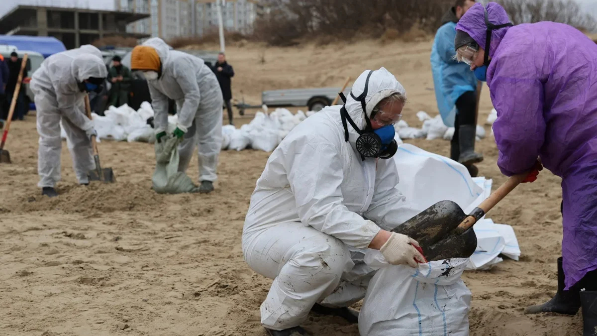 The clean-up operation on a beach in Anapa, Russia. Photo: Krasnodar region authorities, <a href="https://vk.com/kuban_gov">social media</a>