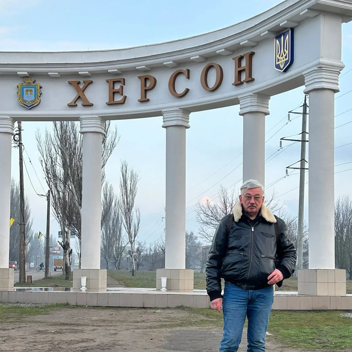 Oleg Orlov at the entrance to the city of Kherson, Ukraine. Photo provided by Oleg Orlov