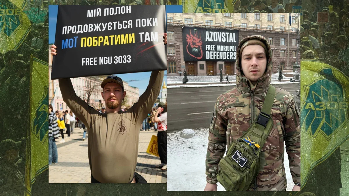 Kulko in Kyiv after his release. “My captivity continues while my brothers are there,” the poster on the left reads. 