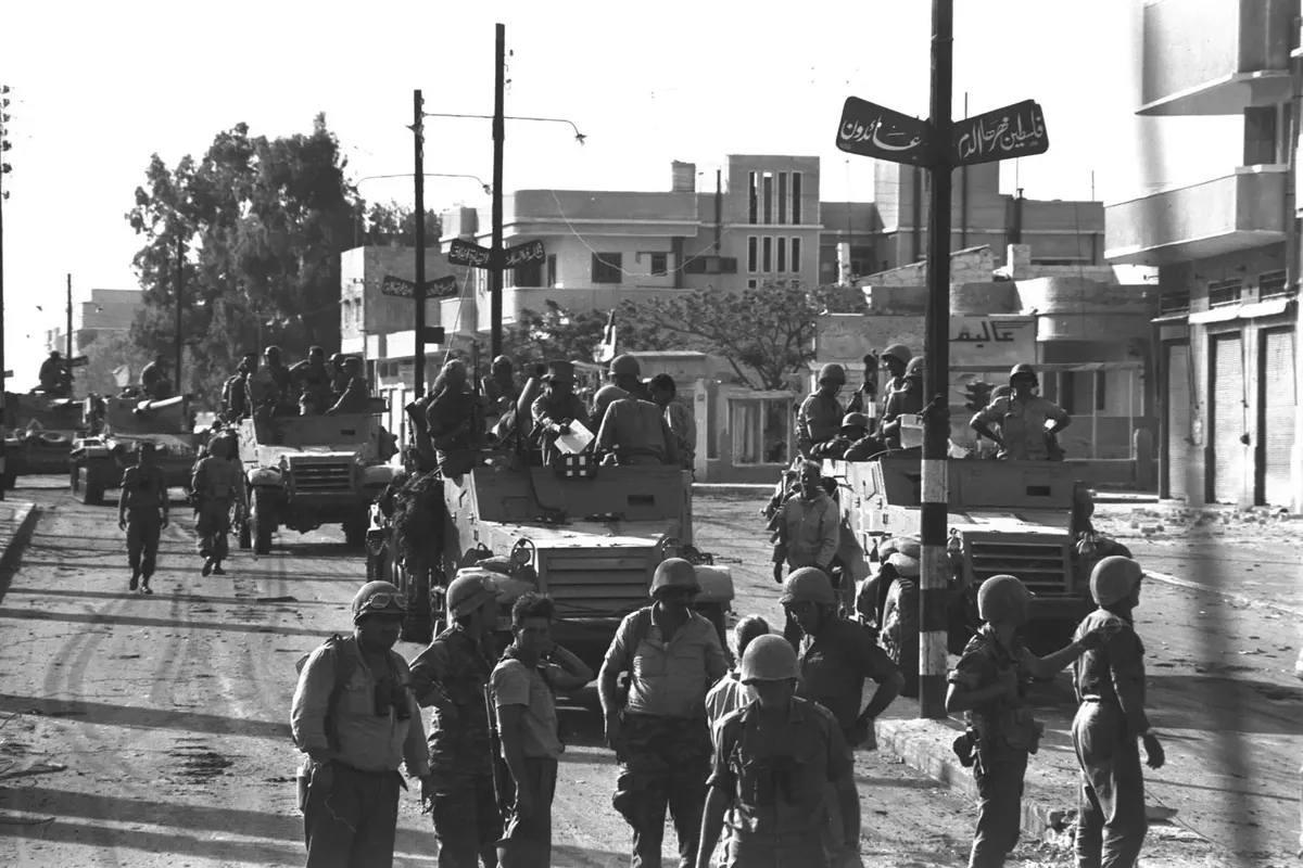 Six-Day War in Gaza. Israeli armoured troop unit entering Gaza during the Six-Day War, June 6, 1967. Photo by The State of Israel Government Press Office