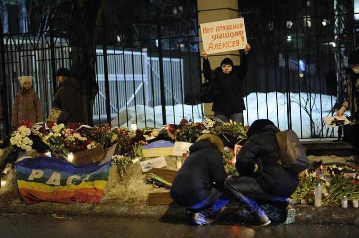 Mourners gather in front of the Russian embassy in Helsinki, Finland, 1 March 2024. Photo: Miko Stig / Lehtikuva / Sipa USA / Vida Press