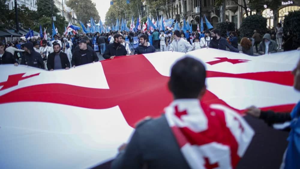 A pre-election rally for the ruling Georgian Dream party in Tbilisi on Wednesday. Photo: EPA-EFE/DAVID MDZINARISHVILI