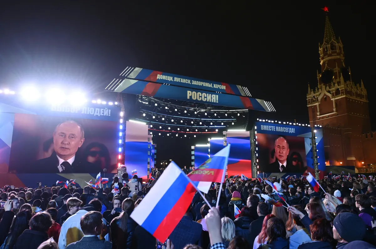 Vladimir Putin addresses a crowd on Moscow’s Red Square celebrating the illegal, unilateral accession of four Ukrainian regions to the Russian Federation on 30 September 2022. Photo: EPA-EFE/MAKSIM BLINOV