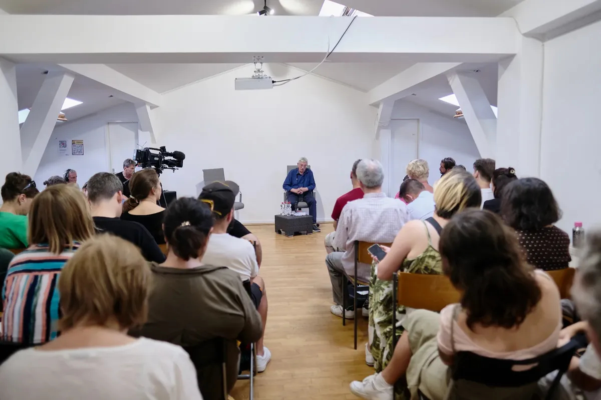 Co-chair of Memorial Oleg Orlov discusses his imprisonment in Russia in Berlin, Germany, August 2024. Photo: Fabio Lovati