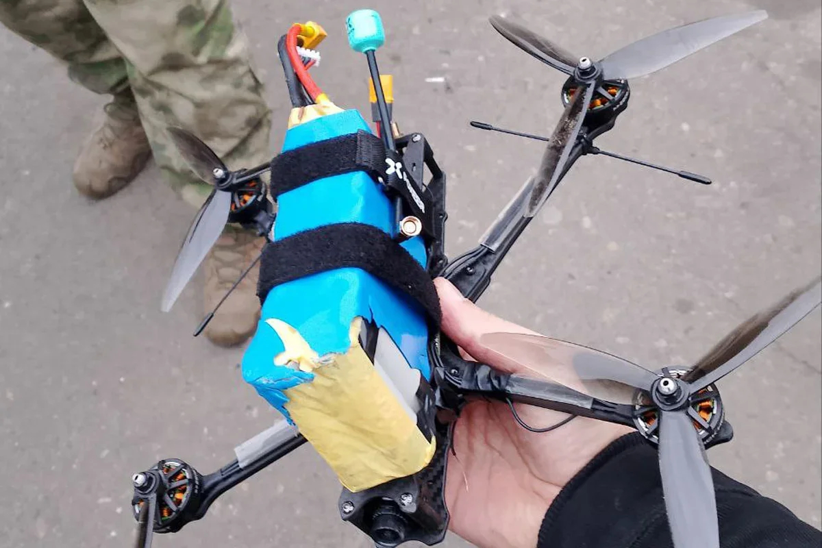 A drone found on the roof of a building that was reportedly being used as a polling station in Nova Kakhovka, 16 March 2024. Photo: izbirkomherson / Telegram