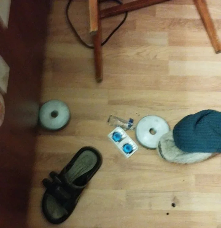 The weight plates of the dumbbell that was supposedly used to torture Artem Kamardin. Photo provided by Alexandra Popova