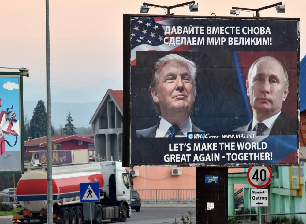 A billboard by a pro-Serbian movement shows Trump and Putin in Danilovgrad, Montenegro, 16 November 2016. Photo: EPA/BORIS PEJOVIC