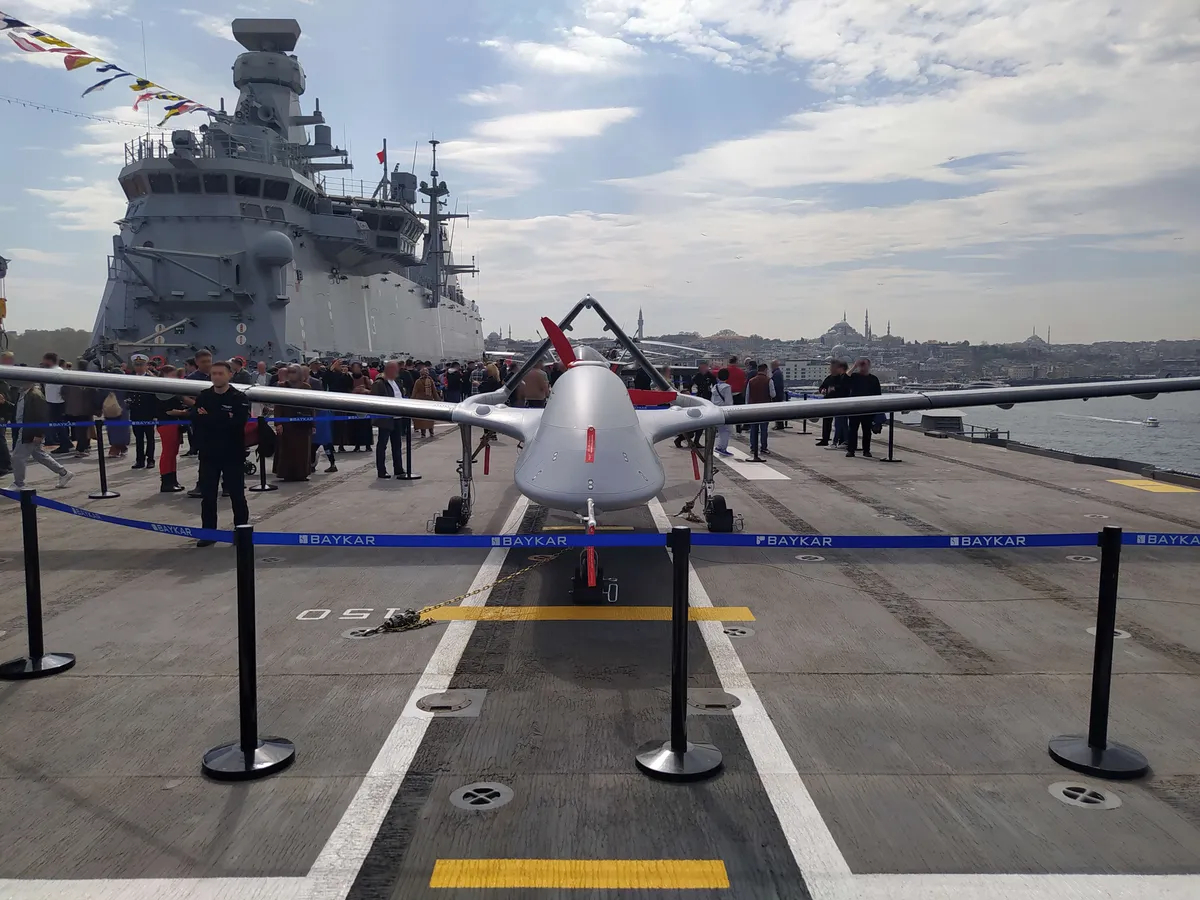 The Baykar Bayraktar TB3 UCAV designed to operate on TCG <em>Anadolu</em> has folding wings and a longer wingspan compared to the Bayraktar TB2. Photo by <a href="https://commons.wikimedia.org/w/index.php?curid=130863706">Wikimedia Commons</a>, CC BY-SA 4.0