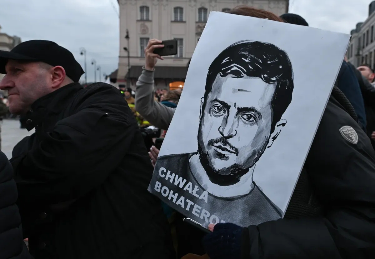 Плакат с изображением Владимира Зеленского во время выступления президентов Польши и Украины на Замковой площади в Варшаве, 5 апреля 2023 года. Фото: Artur Widak / Anadolu Agency / Getty Images