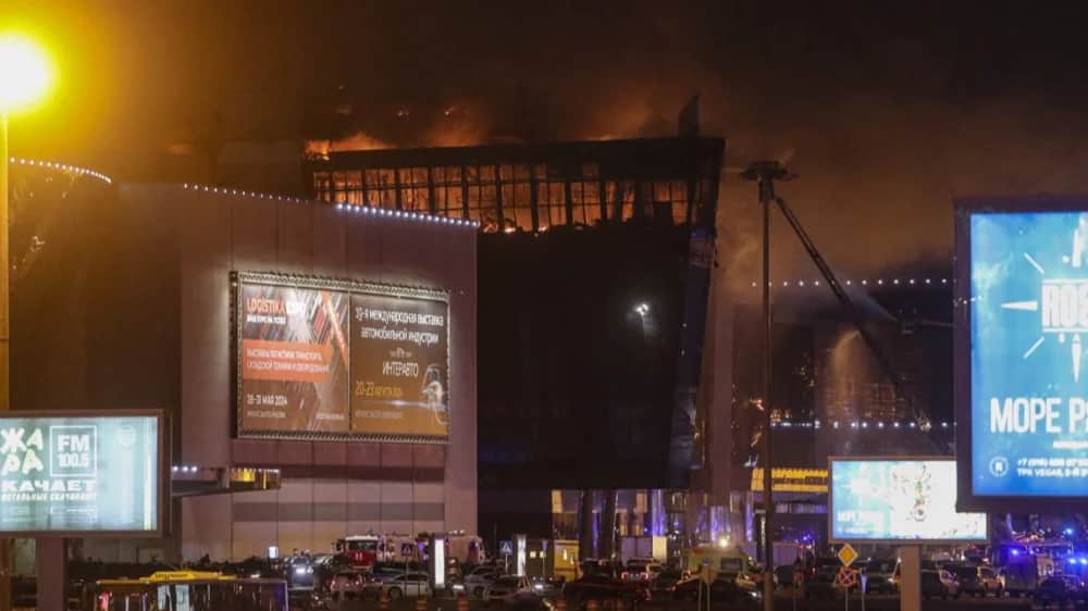 Fire rises from the Crocus City Hall concert venue following the terror attack on March 22. Photo: EPA-EFE/MAXIM SHIPENKOV