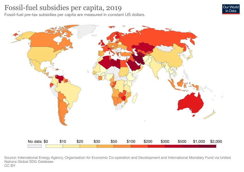 Fossil-fuel subsidies per capita, 2019. Photo by <a href="https://commons.wikimedia.org/w/index.php?curid=112318064">Wikimedia Commons</a>, CC BY-SA 4.0