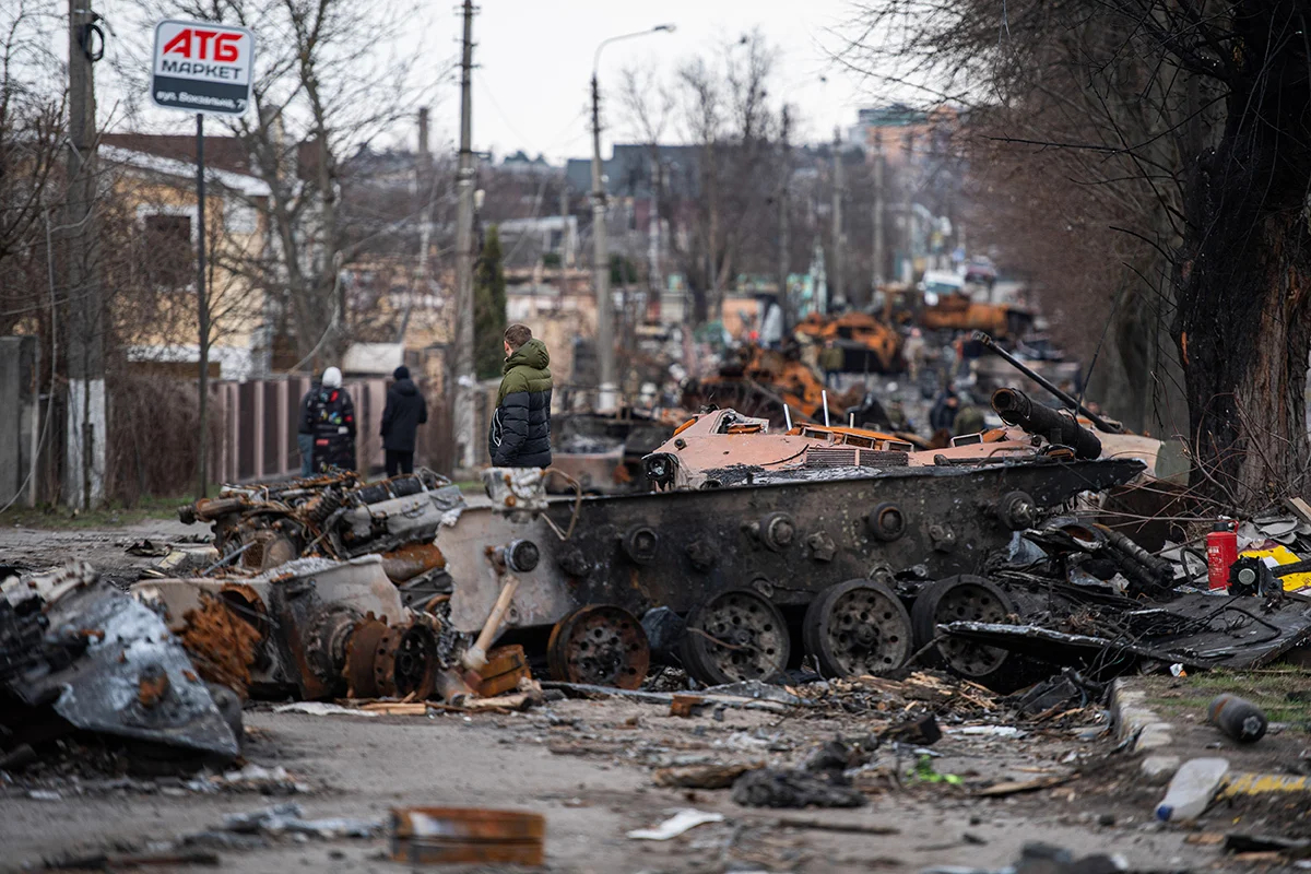 Burnt out Russian military hardware in Irpin, Kyiv region, April 2022. Photo: Laurel Chor / SOPA Images / LightRocket / Getty Images