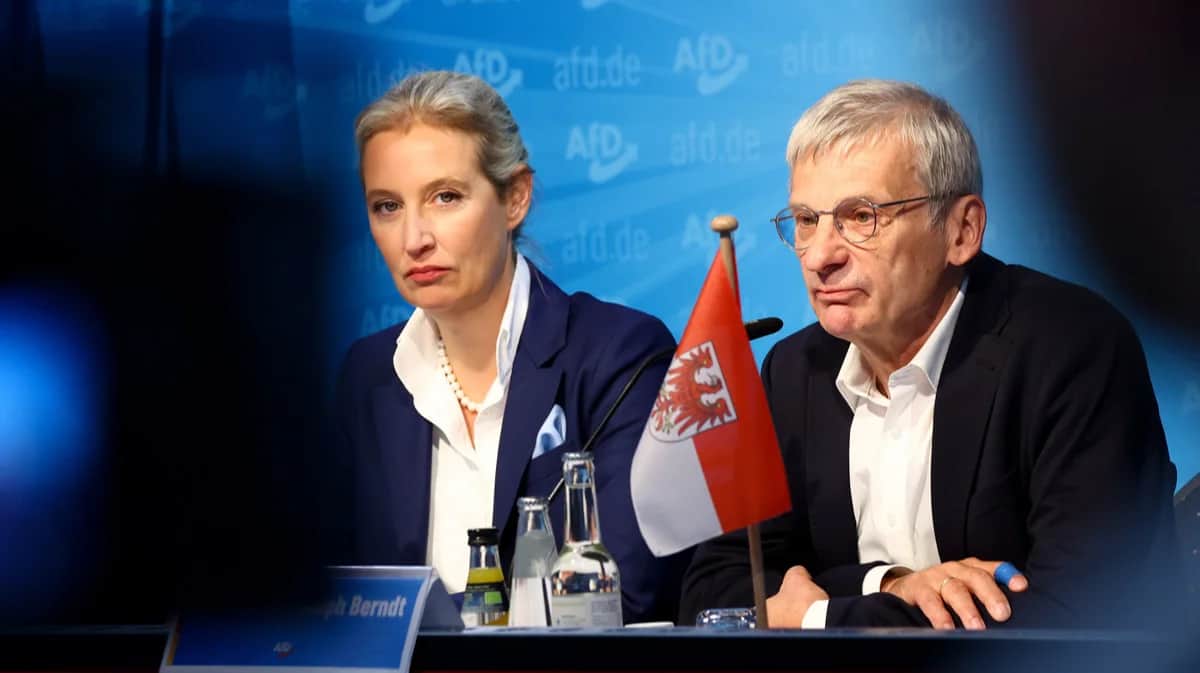 Кандидат от «Альтернатива для Германии» (AfD) на региональных выборах в Бранденбурге Ханс-Кристоф Берндт (справа) и заместитель председателя AfD Алиса Вайдель на пресс-конференции партии в Берлине, 23 сентября 2024 года. Фото: Filip Singer / EPA-EFE