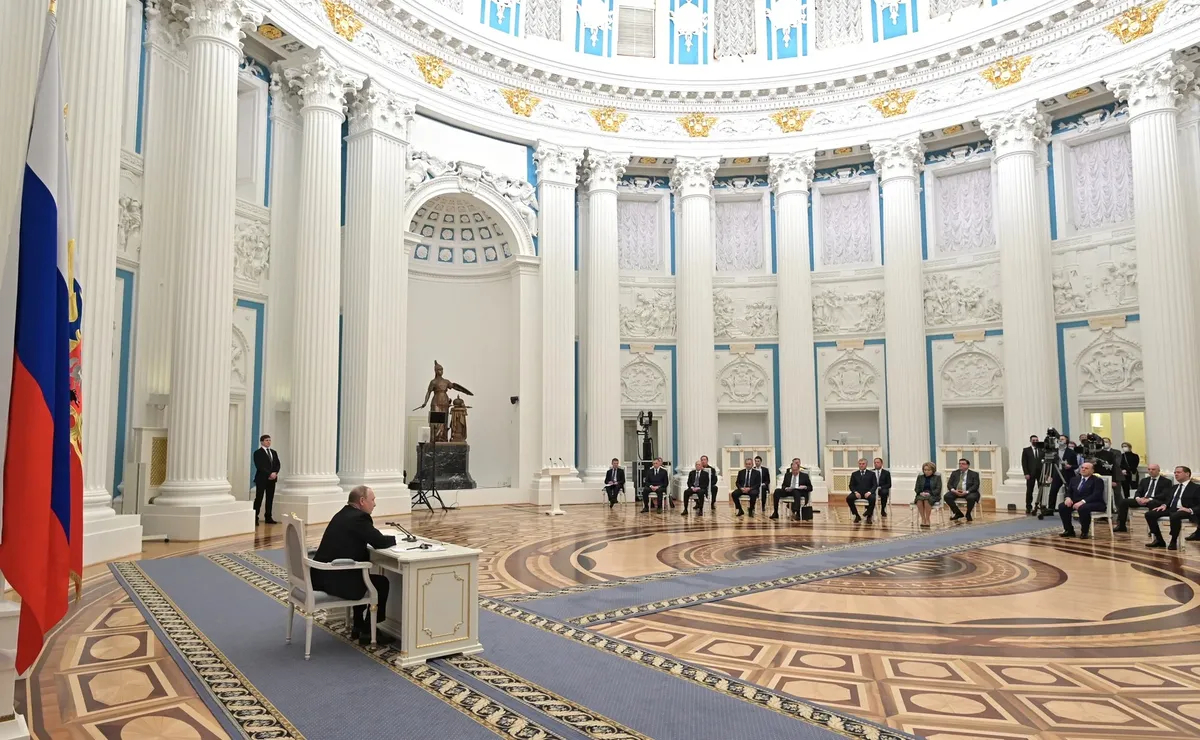Заседание Совета Безопасности, 21 февраля, 2022 года. Фото: <a href="http://kremlin.ru/events/president/news/67825/photos">Сайт Президента России</a>