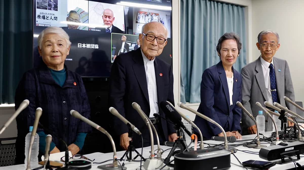 Представители ассоциации «Нихон Хиданке» (Nihon Hidankyo) на пресс-конференции в Токио, 11 октября 2024. Фото: Franck Robichon / EPA-EFE