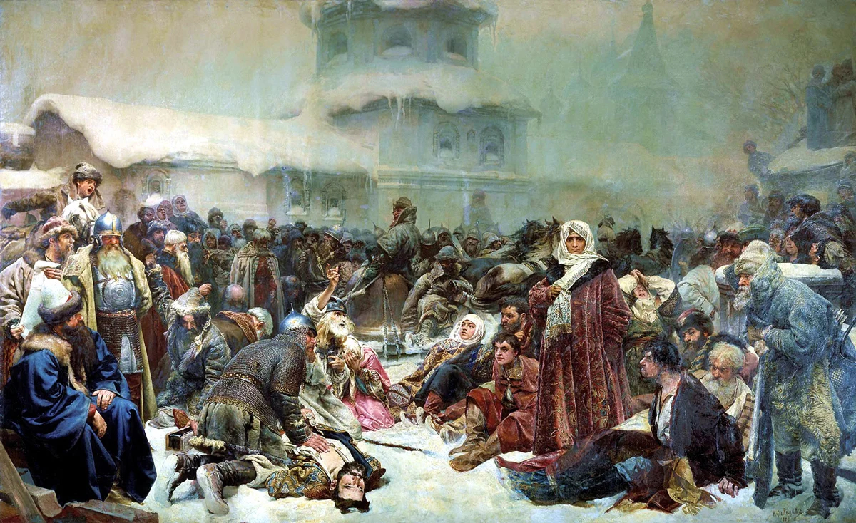 Картина Клавдия Лебедева «Марфа Посадница. Уничтожение новгородского веча», Государственная Третьяковская галерея. Фото: StellarHalo / <a data-sk="tooltip_parent" data-stringify-link="https://commons.wikimedia.org/wiki/File:LebedevK_UnichNovgrodVecha.jpg" href="https://commons.wikimedia.org/wiki/File:LebedevK_UnichNovgrodVecha.jpg" rel="noopener noreferrer" target="_blank">Wikimedia </a>(PD)