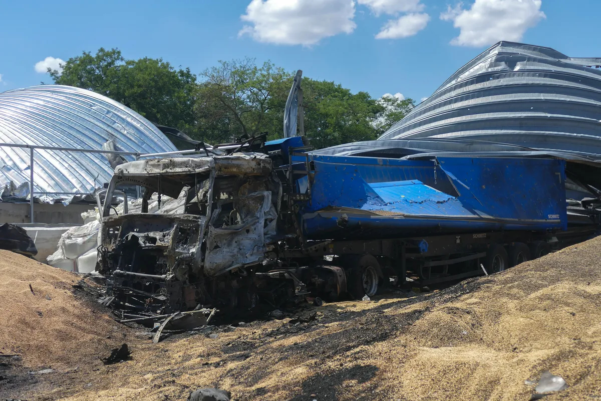 A burnt down track near a grain terminal in the Odesa region, 21 July 2023. Photo: EPA-EFE/IGOR TKACHENKO