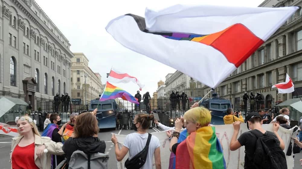 LGBT activists attend a protest rally against the results of the presidential elections, Minsk, Belarus, 06 September 2020. Photo: EPA-EFE/STRINGER