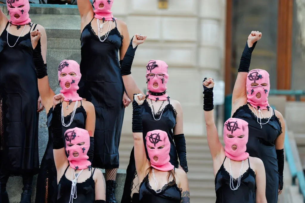 Pussy Riot’s protest art action GOD SAVE ABORTION at Indiana’s Supreme Court. Photo: Jeremy Hogan / SOPA Images / LightRocket / Getty Images