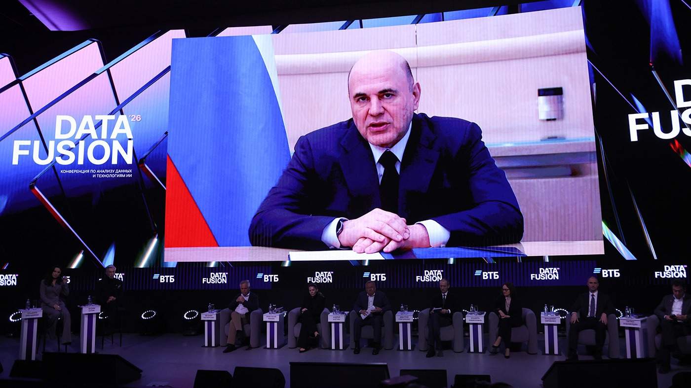 Председатель правительства РФ Михаил Мишустин во время пленарной сессии «От «бигдаты» к «бигданности» в рамках шестой ежегодной международной конференции Data Fusion, Москва, 8 апреля 2026 года. Фото: Дмитрий Белицкий / Агентство «Москва»