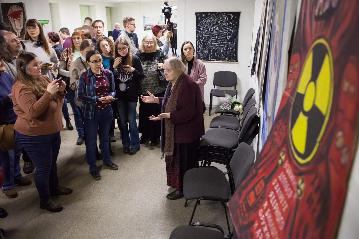 Elena Osipova at the Peaceful Art Protest exhibition. Photo: Elena Rodina for Novaya Gazeta Europe