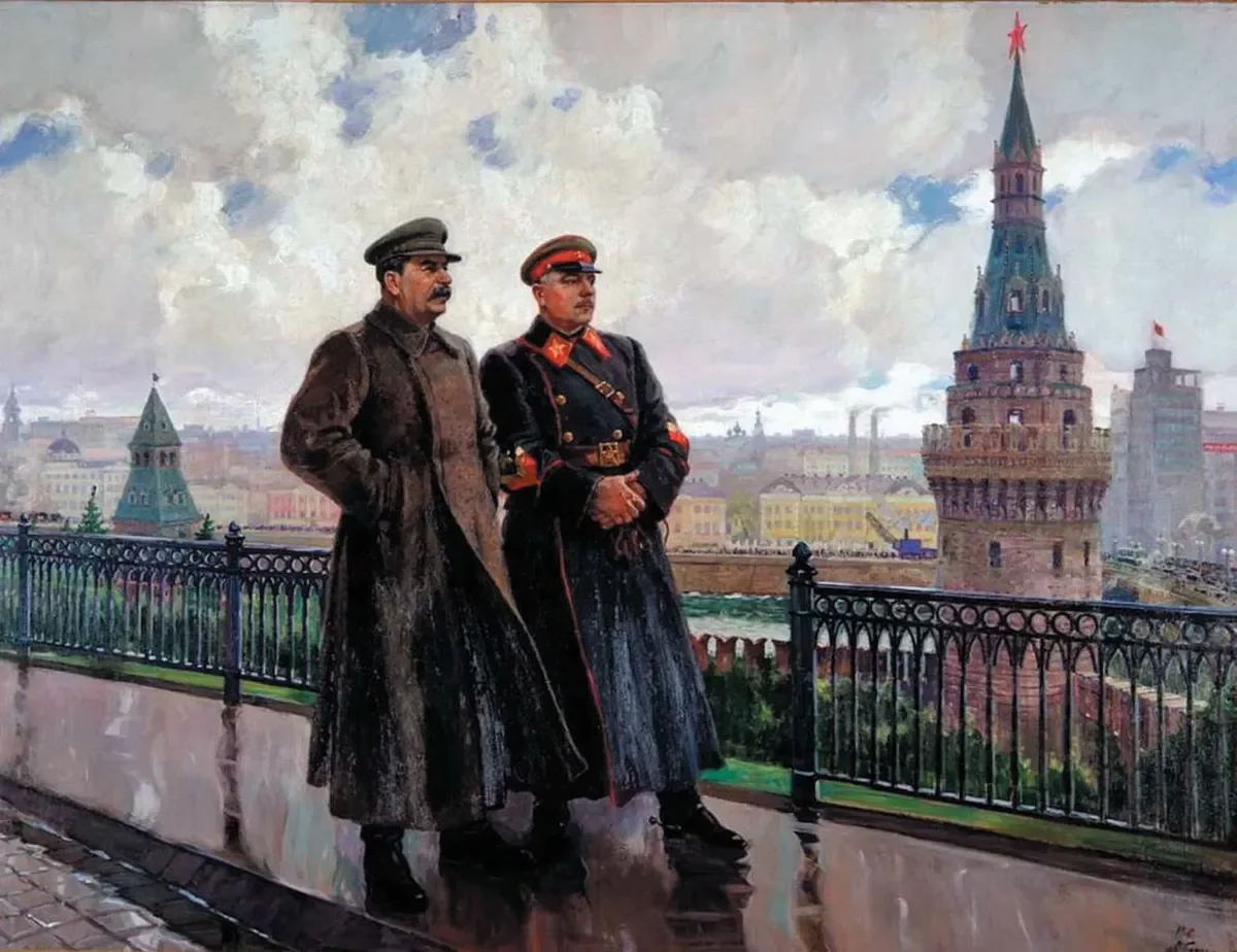 <em>Stalin and Voroshilov in the Kremlin</em>, 1938. Painting by Aleksandr Gerasimov. Source: Wikimedia