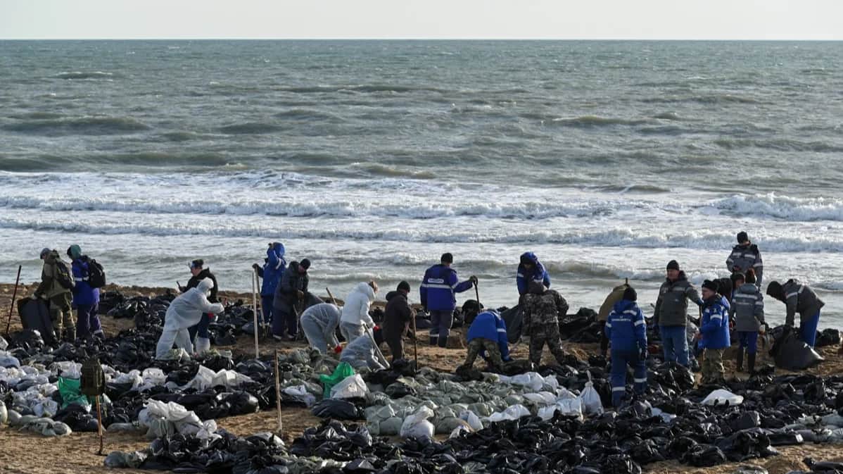 Volunteers clear a beach of oil, Anapa, Russia, 21 December 2024. Photo: Sergey Pivovarov / Reuters / Scanpix / LETA