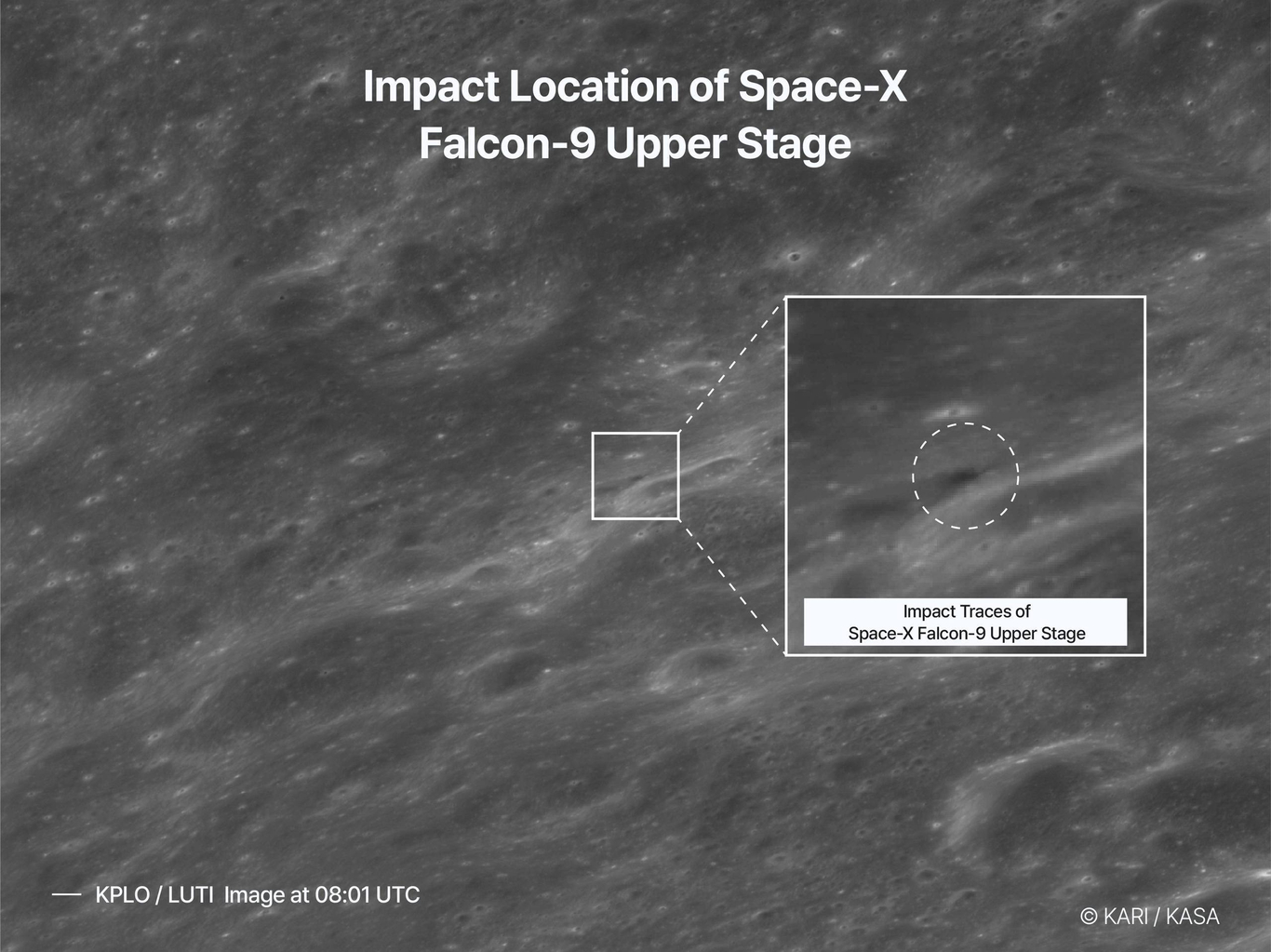 Место падения второй ступени ракеты-носителя Falcon 9 компании SpaceX на снимке высокой точности, сделанном камерой LUTI южнокорейского лунного аппарата «Данури» (KPLO). 5 августа 2026 года. Фото: KARI / KASA