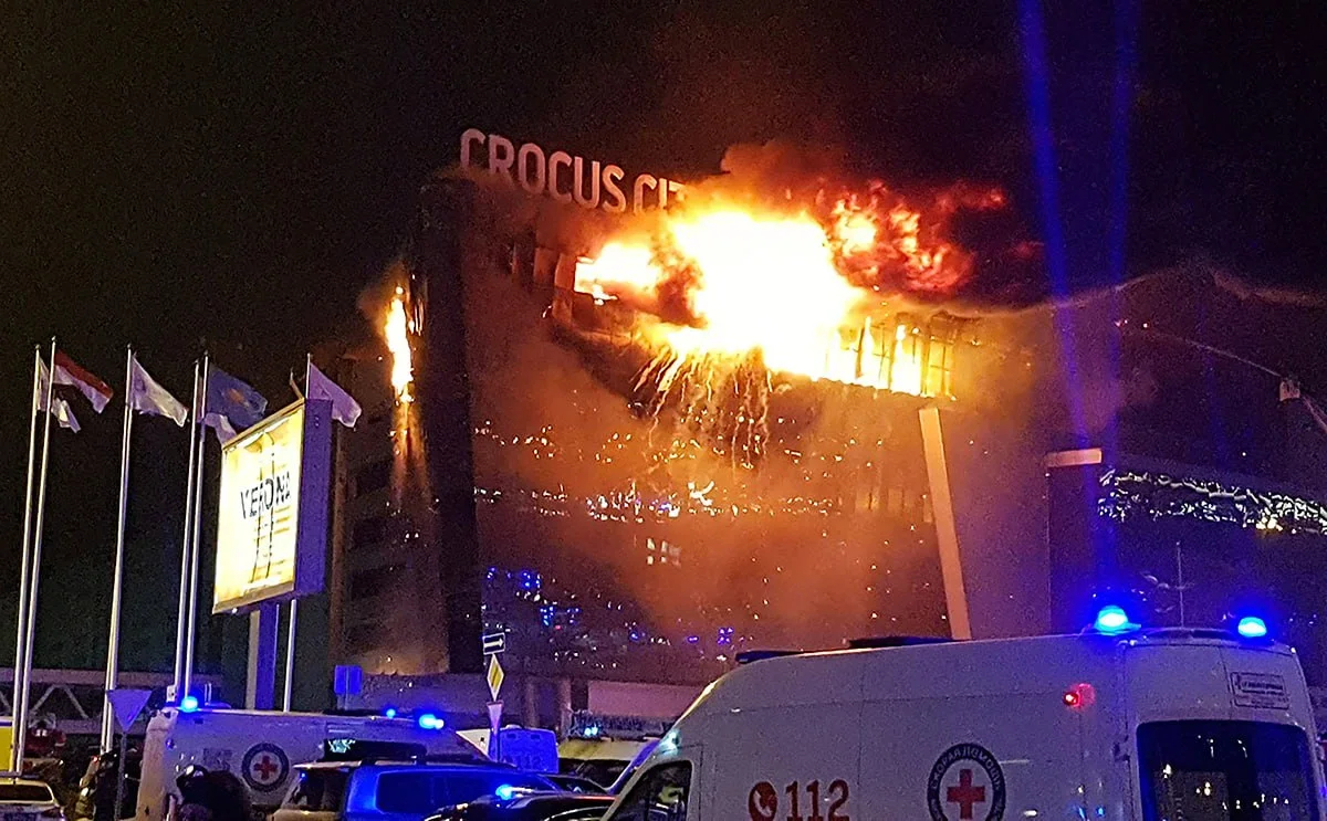 The fire raged for hours, with rescuers unable to reach the upper levels of the venue. Photo: Ivan Vodopyanov / Kommersant / Sipa USA