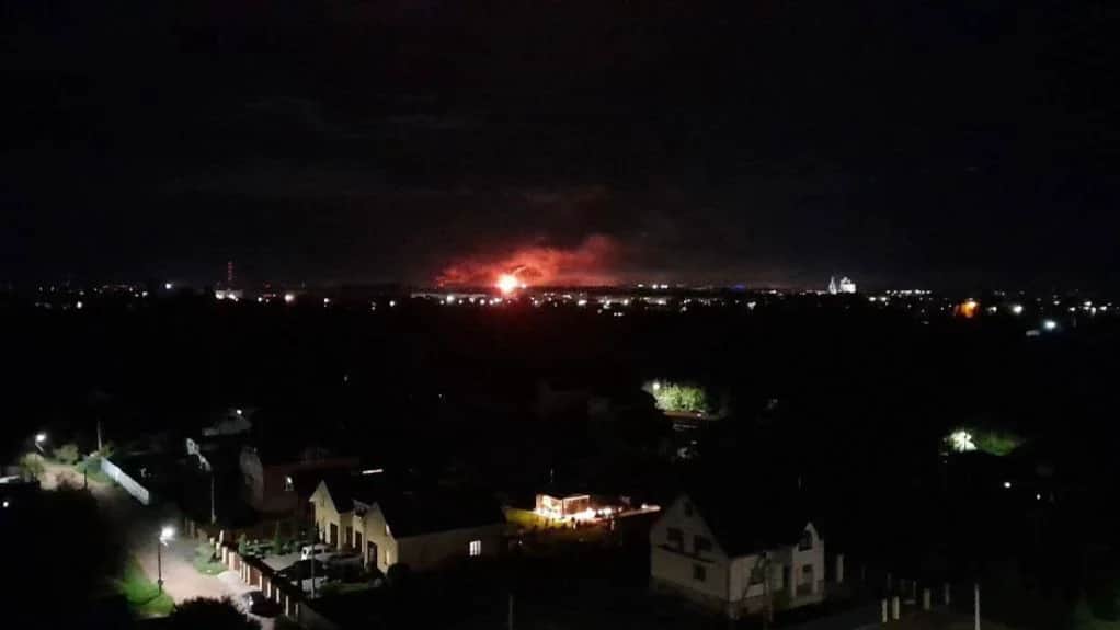 A fire after the drone assault on the Pskov airport. Photo: Baza
